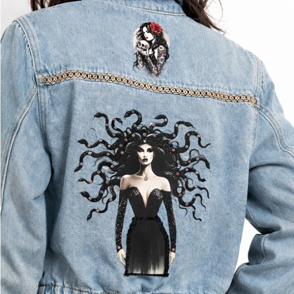 Cropped Denim Jacket with Statement Back Graphic with rhinestone - Picture 3 of 5